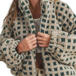 Checked Plush Drawstring Stand-Collar Jacket