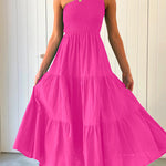 One Shoulder Sleeveless Smocked Ruffle Tiered Maxi Dress