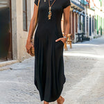 A-line Loose Pockets Solid Color Split-Joint Round-neck Midi Dresses