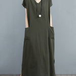 Simple Ramie Cotton Solid Color Split-Side With Pocket V-Neck Short Sleeves Maxi Dress