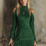 Semi-high Neck Off-the-shoulder Fringed Faux Suede Long-sleeved Mini Dress