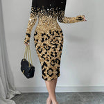 Bodycon Long Sleeves Contrast Color Leopard Shiny Split-Joint Round-Neck Midi Dresses