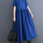 Simple Short Sleeves Loose Buttoned Falbala Split-Joint Solid Color Midi Shirt Dress