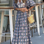 Bohemian Unique Print Puff Sleeve Lace-up Loose Holiday Maxi Dress