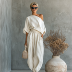 Women's Off-white Linen Off-shoulder Loose Casual Top And Tapered Pants Set