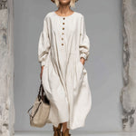 Loose Round-neck Button-front Double-pocket Cotton Long-sleeved Midi Dress