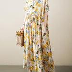 A-Line Loose Floral Printed Round-Neck Midi Dresses