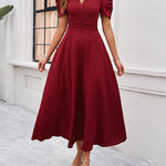 A-Line High Waisted Pleated Solid Color Zipper V-Neck Maxi Dresses