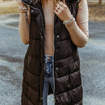 Hooded Pocketed Quilted Long Vest Coat