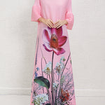 A-Line Flared Sleeves Flower Print Pleated V-Neck Maxi Dresses