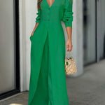 High Waisted Long Sleeves Buttoned Pockets Solid Color V-Neck Jumpsuits