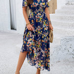 A-Line Elasticated Waist Contrast Color Flower Print Pleated Split-Joint V-Neck Maxi Dresses