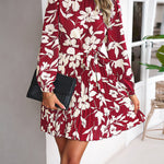 High Waisted Long Sleeves Flower Print Pleated Tied Waist Mock Neck Mini Dresses