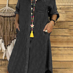 Casual Denim Solid Turndown Collar Singe Breasted Pockets Midi Dress