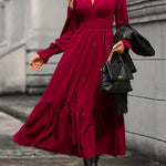 A-Line Flared Sleeves Elasticity Pleated Solid Color V-Neck Midi Dresses