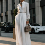 A-Line High Waisted Belted Buttoned Hollow Pleated Pockets Solid Color Split-Joint Stand Collar Maxi Dresses Shirt Dress
