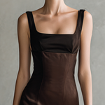 Women's Vintage Black And Brown Satin Square-neck Patchwork Sleeveless Midi Dress