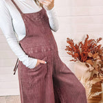 Red Textured Shoulder Straps Pocketed Overalls