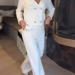 Pearl-button short suit with wide-leg pants