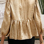 Gold Solid Color Bowknot Front Puff Sleeve Blouse