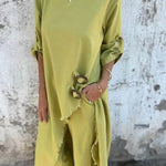 Casual Unique Irregular Button Decoration Robe Pocket Elastic Pants Set