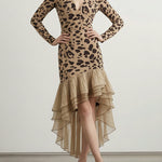 Bodycon High-Low Contrast Color Leopard Ruffled Split-Joint Deep V-Neck Midi Dresses