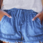 10 Colors Casual Drawstring High Waisted Denim Fringed Shorts