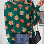 Maple Leaf Pattern Jacquard Casual Pullover Sweater for Women