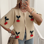 V-neck Cherry Embellished Cardigan Cropped Knitted Sweater