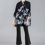 Original Crane Printed Buttoned Stand Collar Half Sleeves Blouse