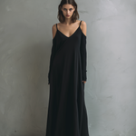 Women's Elegant Black Stretchy Knit Long-sleeved Maxi Dress With Spaghetti Straps