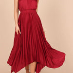 Luxe Look Satin Pleated Halter Elastic Waist Midi Dress