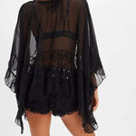 Fashionable Patchwork Lace Batwing Sleeve Loose Beach Cover Up