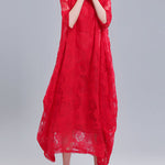 A-Line Half Sleeves Flower Print See-Through Solid Color Round-Neck Midi Dresses
