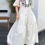 Bishop Sleeve Loose Embroidered Pleated V-Neck Midi Dresses