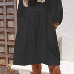 Fashion Loose V Neck Puff Sleeve Cotton Linen Dress