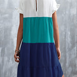 Loose Ruffle Sleeves Contrast Color Falbala Pleated Split-Joint Round-Neck Mini Dresses