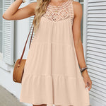 A-Line Loose Hollow Pleated Solid Color Split-Joint Round-Neck Mini Dresses