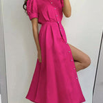 High Waisted Loose Buttoned Round-Neck Midi Dresses