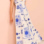 Embrace The Glamour Linen Blend Unique Print Puff Sleeve Pocketed Maxi Dress