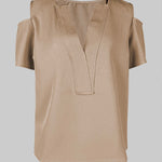 Loose Short Sleeves Solid Color Split-Joint Cold Shoulder Blouses&Shirts Tops