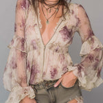 Vintage Zippered Collar Ruffled Floral Blouse