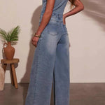 Washed Blue V-Neck Button Front Sleeveless Wide Leg Denim Jumpsuit