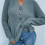 Half Button Raglan Sleeve V Neck Sweater