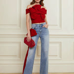 Wide Leg Bow-Embellished Contrast Color Jean Pants Bottoms