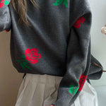 Round Neck Rose Print Sweater