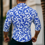 Men's Retro Casual Blue And White Porcelain Print Lapel Long Sleeve Shirt