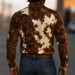 Men's Retro Casual Western Style Cow Print Suede Lapel Long Sleeve Shirt