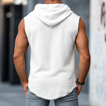 Men's Retro Casual Solid Color Linen Raw Edge Hooded Tank Top