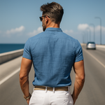 Men's Spring And Summer Fashion Casual Cotton Blend Stand Collar Slim Fit Wooden Button Short Sleeve Shirt